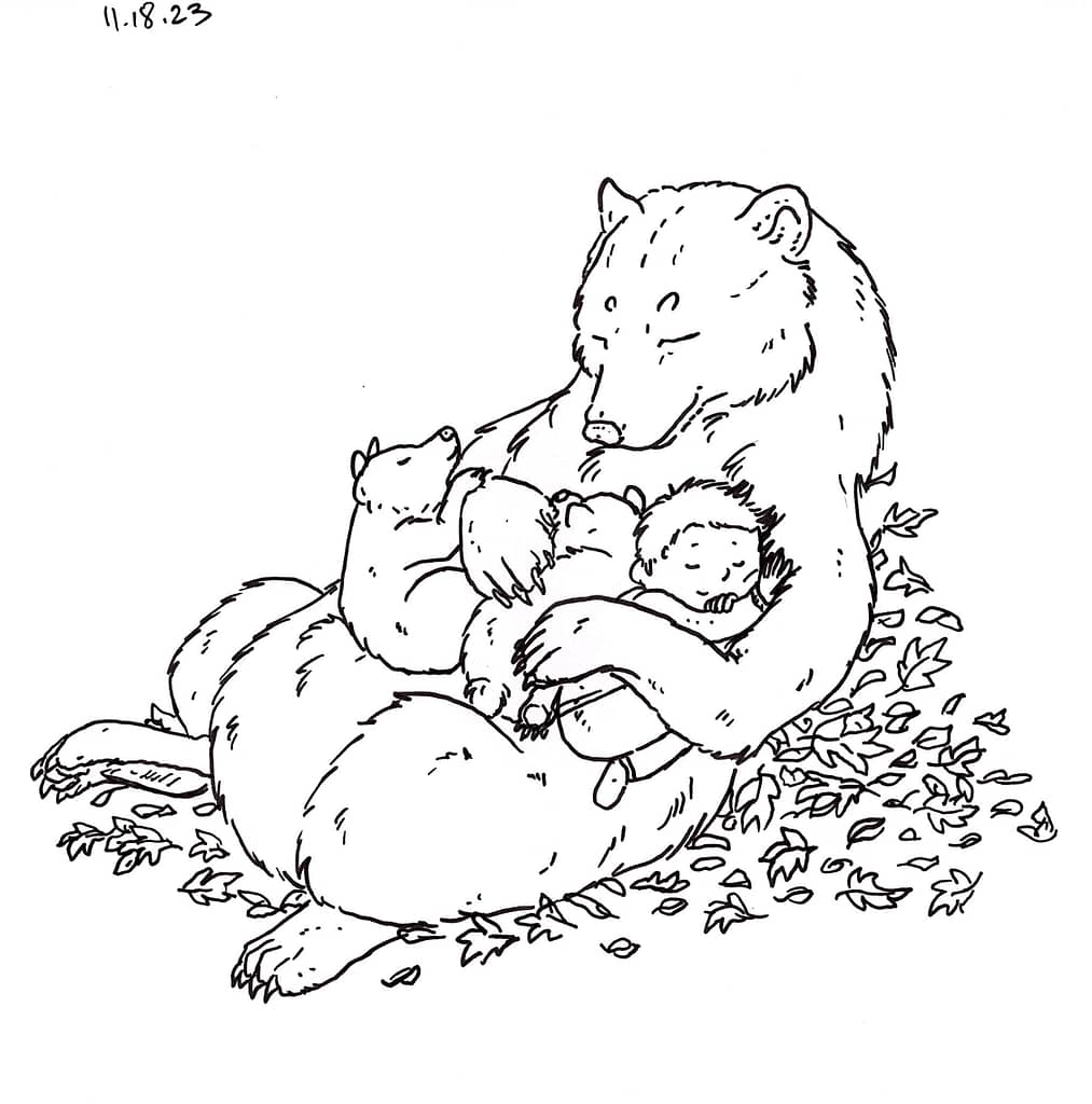 Ink sketch of a mama bear snuggling with her two cubs and a young human child, all are resting in a pile of leaves.