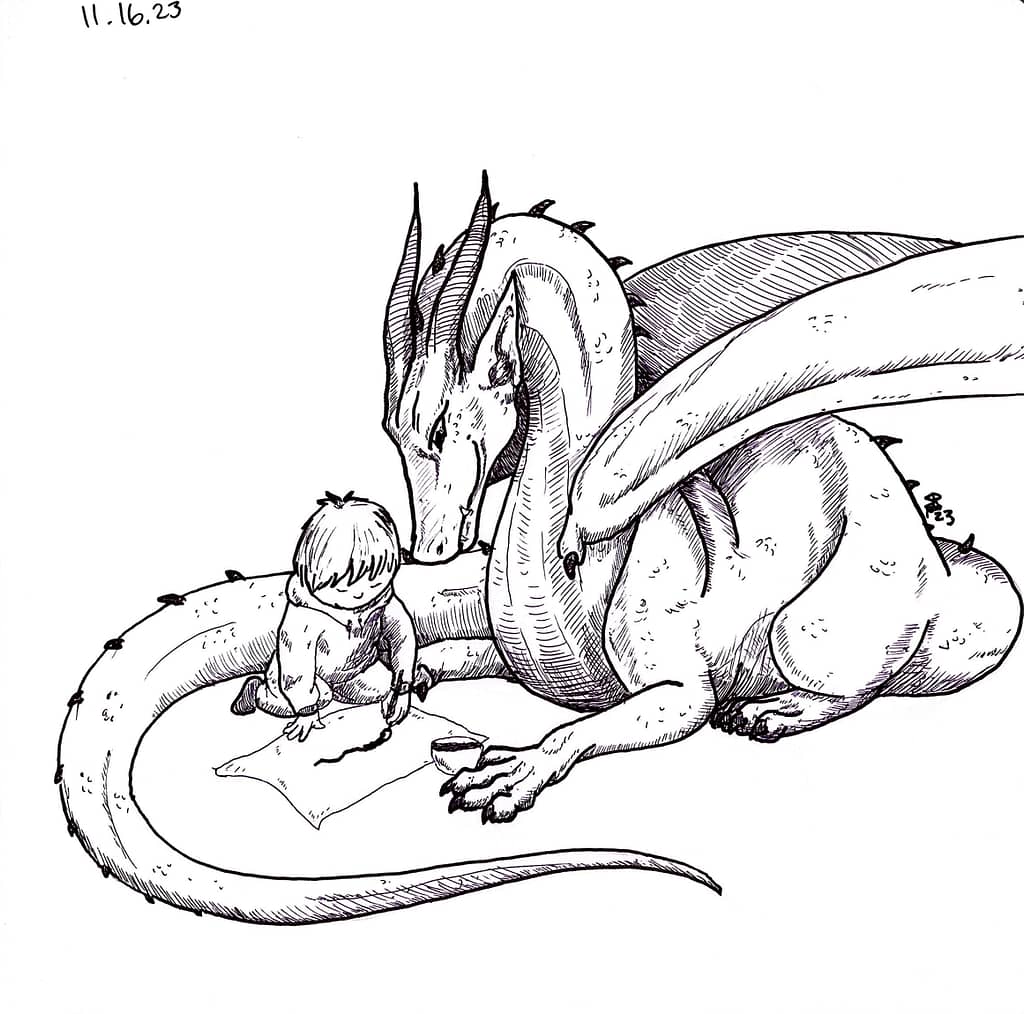 A pen sketch of a western-style dragon watching over a young human boy as he paints on paper.