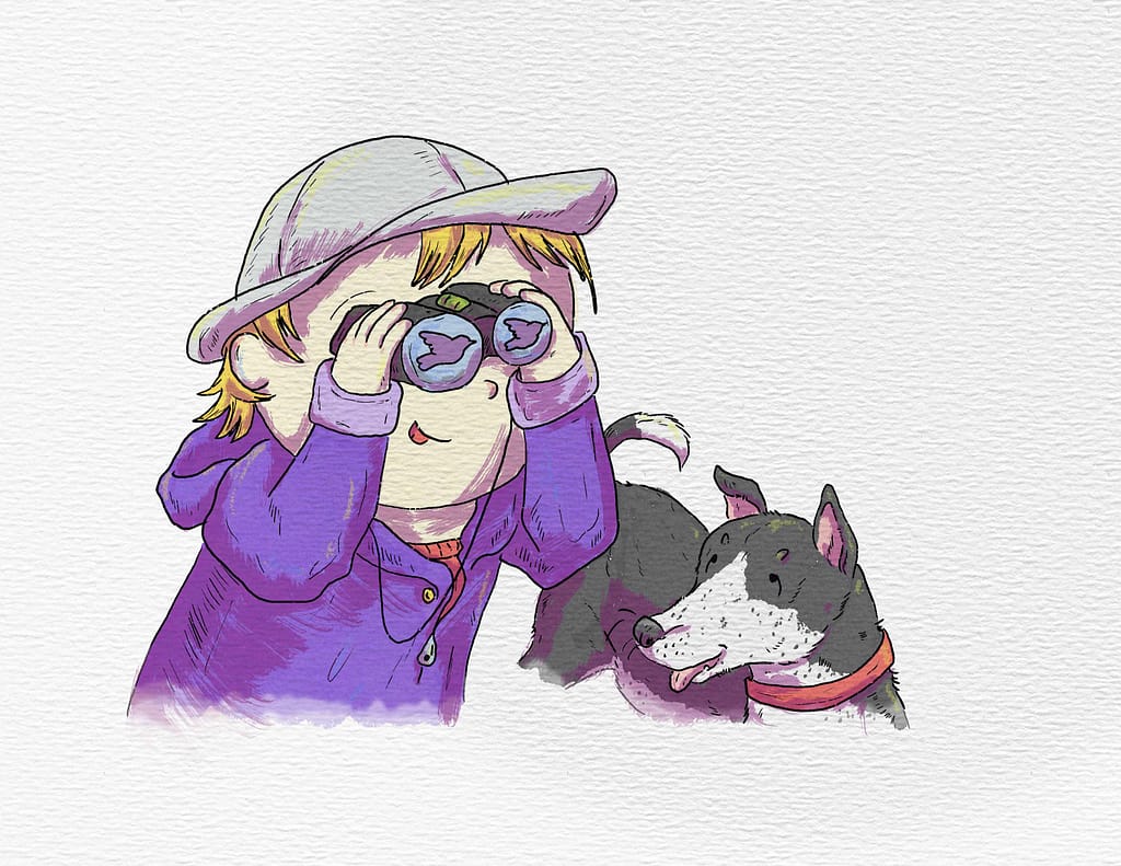 Ilustration of a boy in a purple jacket, looking through binoculars at birds.