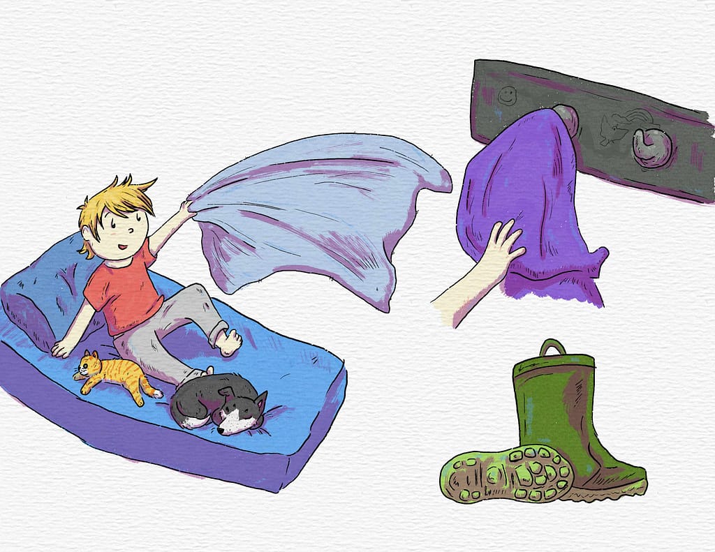 Illustration of boy and dog, throwing off bed sheets, grabbing jacket and boots.