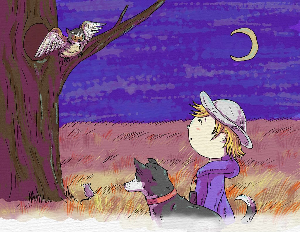 Illustration of boy and dog watching a great horned owl in a tree at night.