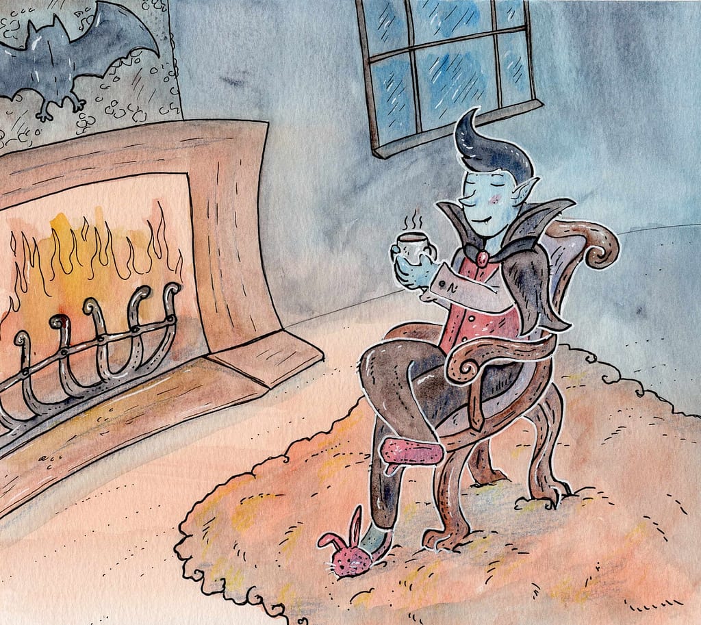 A cute illustration of a vampire enjoying cocoa in his bunny slippers, sitting next to a cozy fireplace.