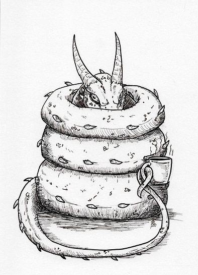 Ink drawing of dragon coiled up with a coffee mug