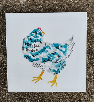 Acrylic ink painting of hen in blue, black, and yellow on white background