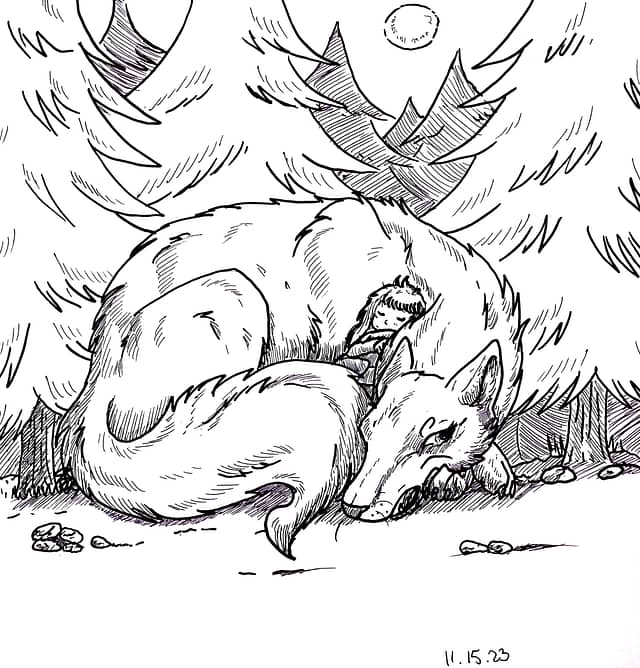 Ink sketch of young girl who is resting in the curl of a massive wolf in the forest.