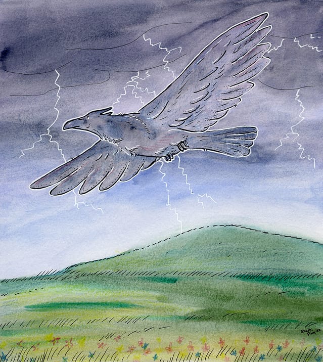 A large black thunderbird flaps its wings over a grassy plain, creating lightning with its wings.