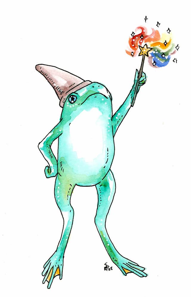 a watercolor and ink illustration of the loveland frogman holding a wand spouting sparks and rainbows