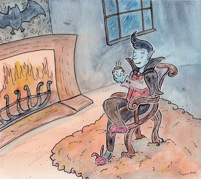 A cute illustration of a vampire enjoying hot cocoa in his bunny slippers, sitting next to a cozy fireplace.