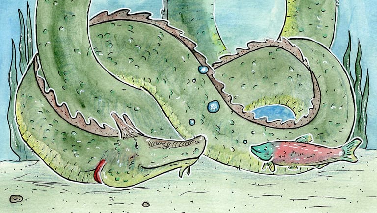 A long serpentine lake creature is hanging out with a red salmon.