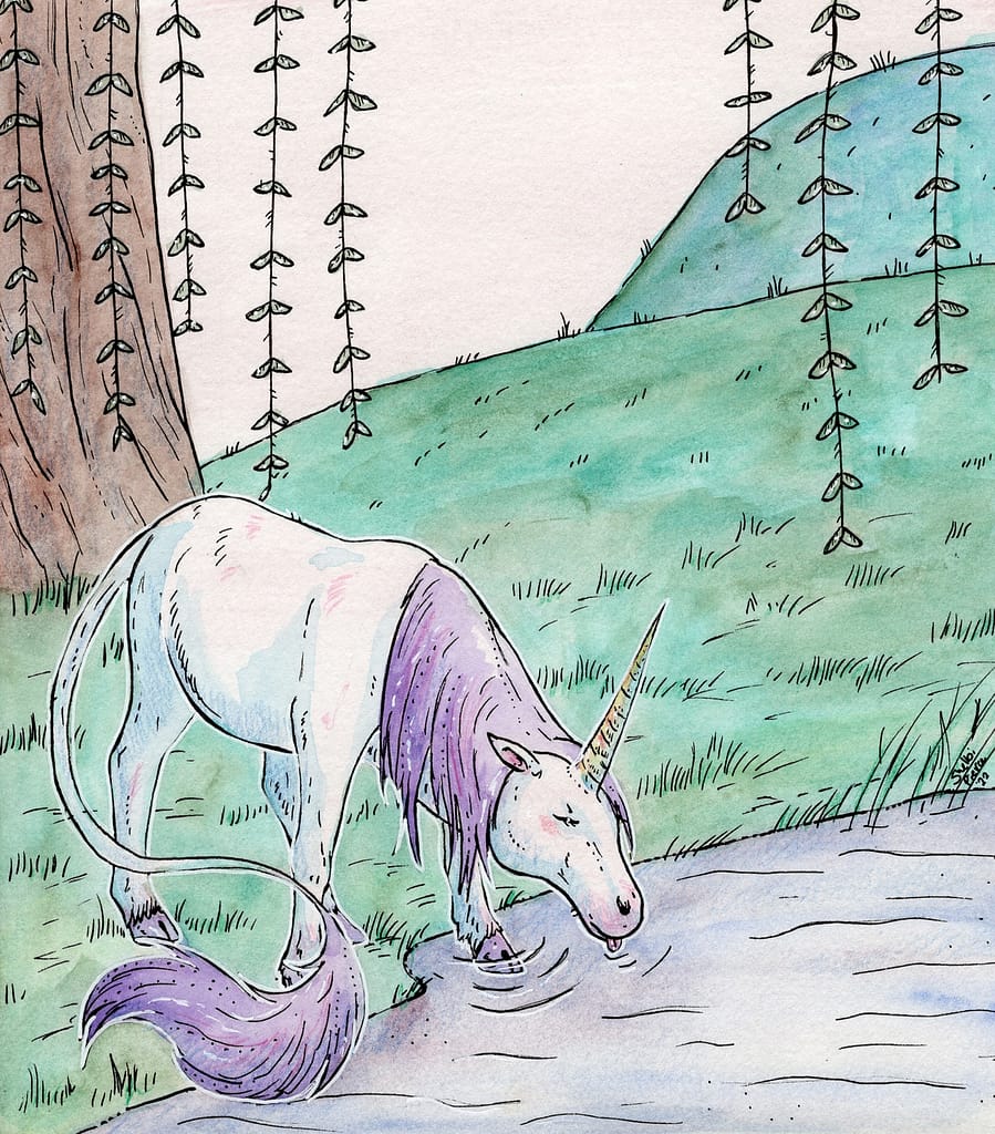 Watercolor and ink drawing of unicorn peacefully drinking from a still stream.