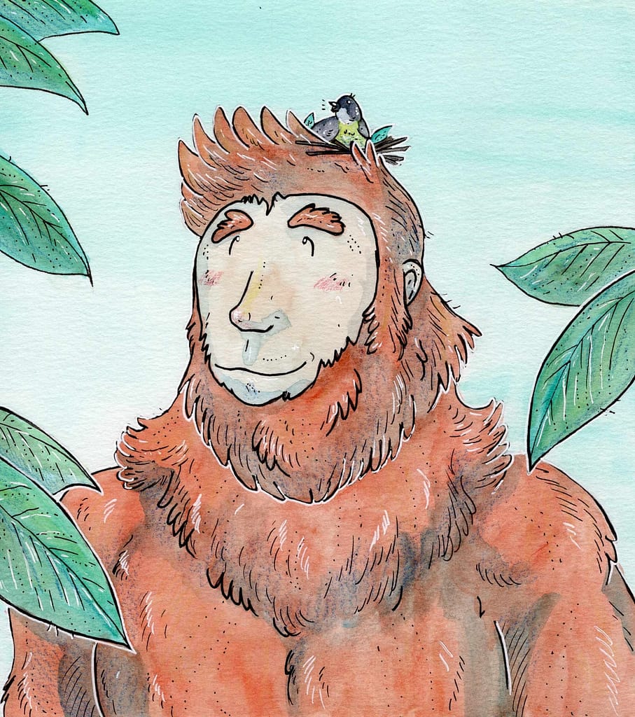 A cute yowie with bird who's made it's nest on the yowie's head.
