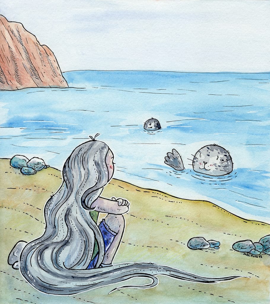 A selkie, in her human form, wistfully gazes out to the sea and her selkie brethren.
