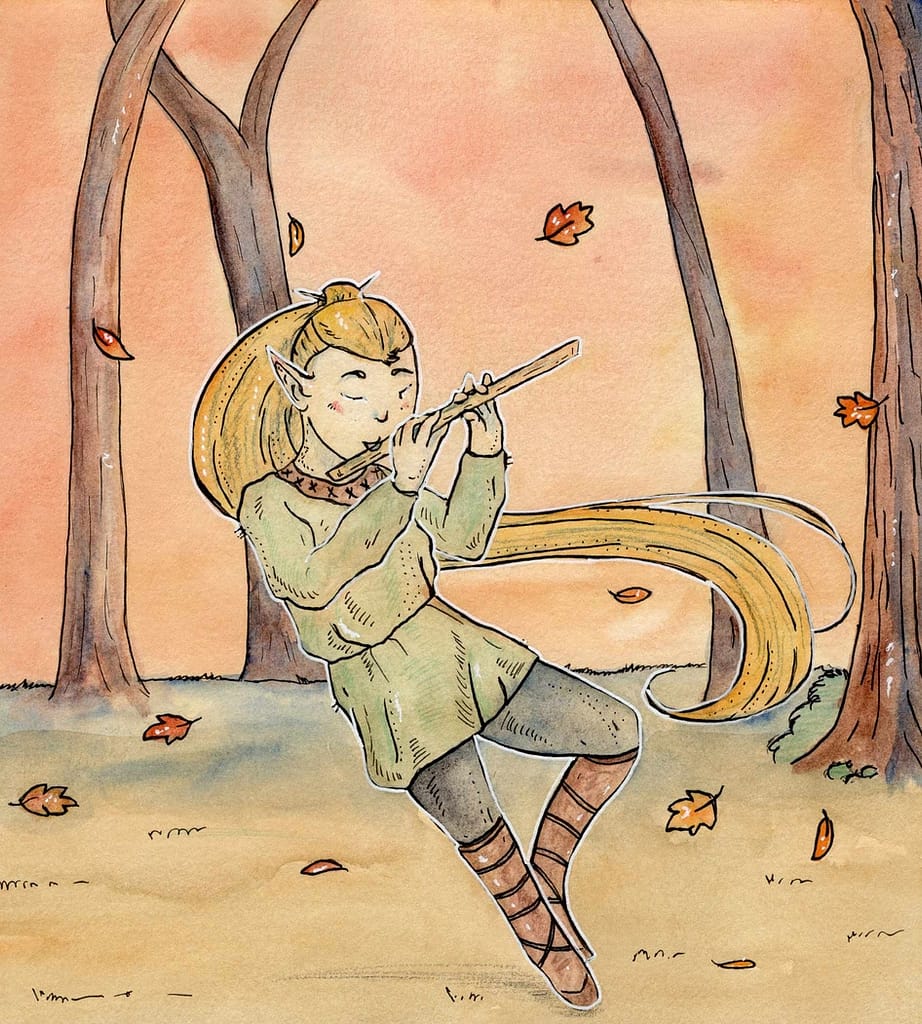 A cute elf dances in the wind as he plays his flute in an autumnal forest clearing.