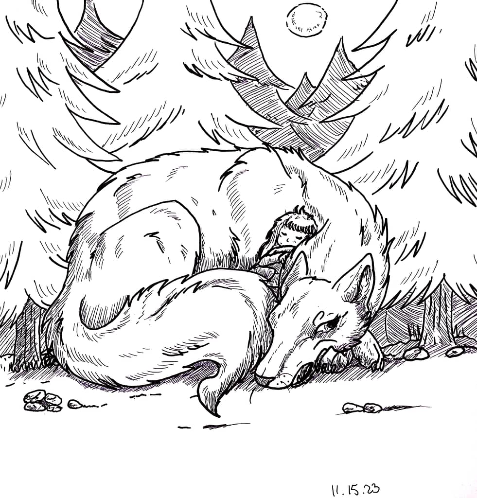 Ink sketch of young girl who is resting in the curl of a massive wolf in the forest.
